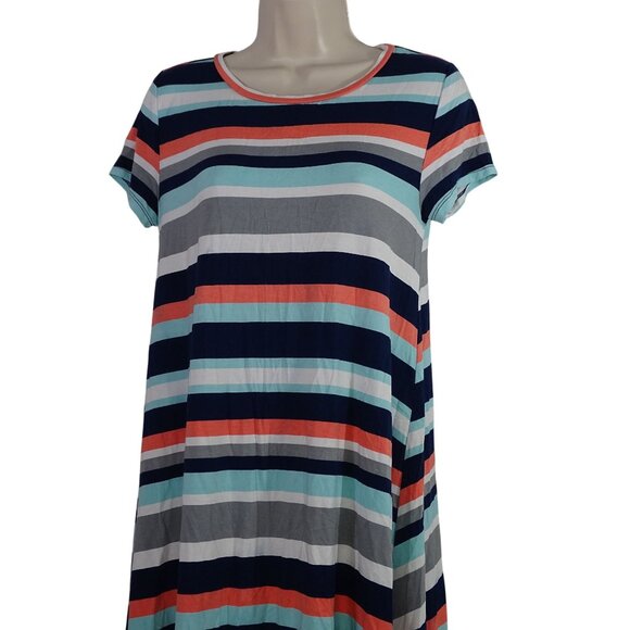 Arizona Jean Co Striped Multicolor Blue Swing Dress Women Size M Short Sleeve - Picture 2 of 8